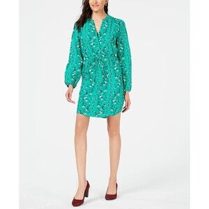 Maison Jules Floral Fit Flare Mini Dress Green‎ Long Blouson Sleeves V-Neck XXL